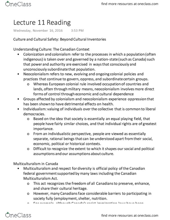 Nursing 1070A/B Chapter Notes - Chapter 11: Canadian Nurses Association, Canadian Multiculturalism Act, Neocolonialism thumbnail