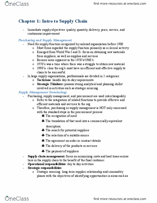 BU405 Chapter Notes - Chapter 1: Strategic Sourcing, Supplier Relationship Management thumbnail