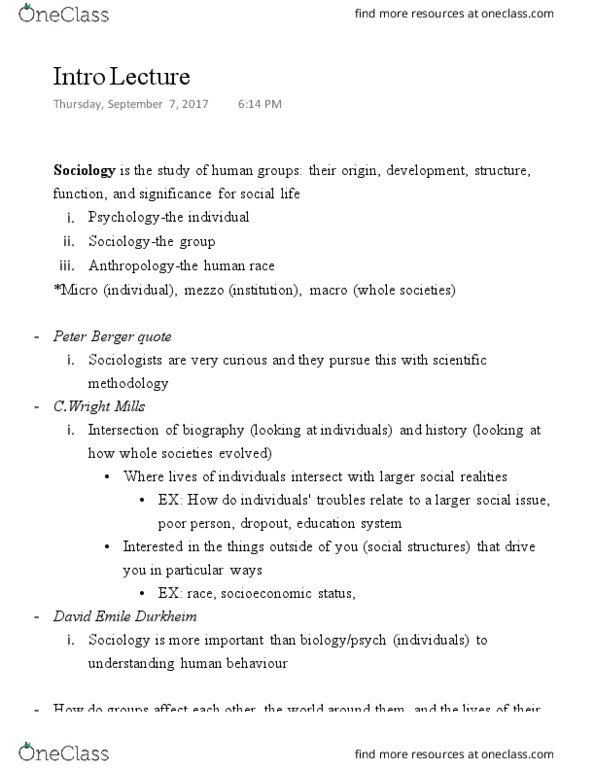 SOC 100 Lecture Notes - Lecture 1: Socioeconomic Status thumbnail