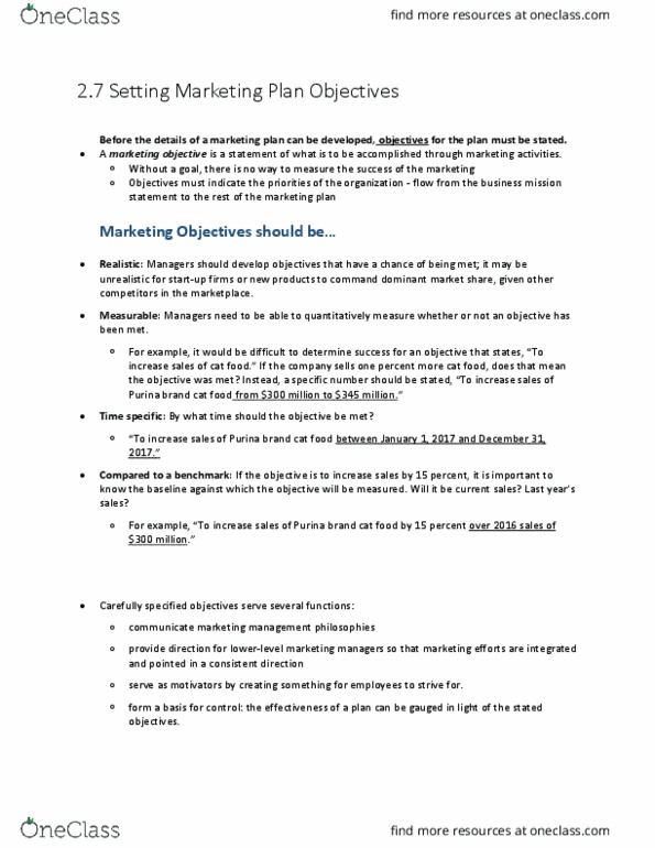 MKT 337 Chapter 2: 2.7 Setting Marketing Plan Objectives thumbnail