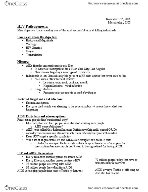 Microbiology and Immunology 2500A/B Lecture Notes - Lecture 24: Gay-Related Immune Deficiency, Viral Envelope, Reverse Transcriptase thumbnail