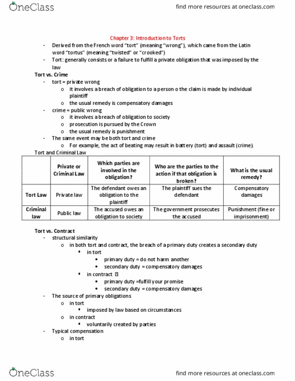 Law 2101 Chapter Notes - Chapter 3: Battery (Tort), Liability Insurance, False Imprisonment thumbnail