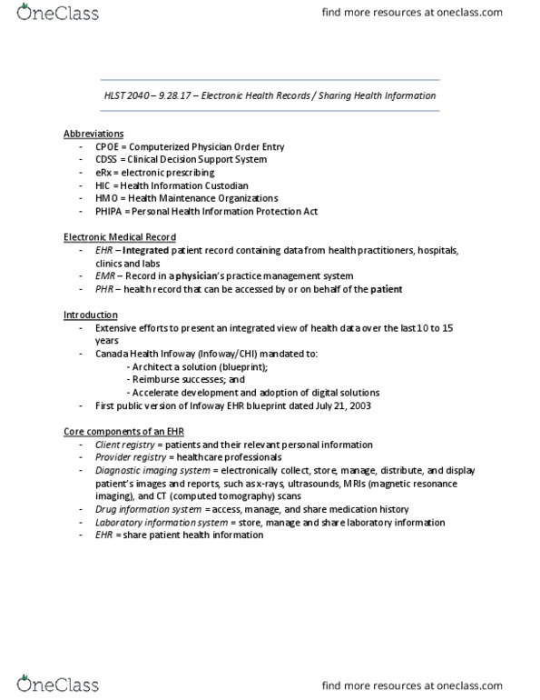 HLST 2040 Lecture Notes - Lecture 1: Clinical Decision Support System, Canada Health Infoway, Health Maintenance Organization thumbnail