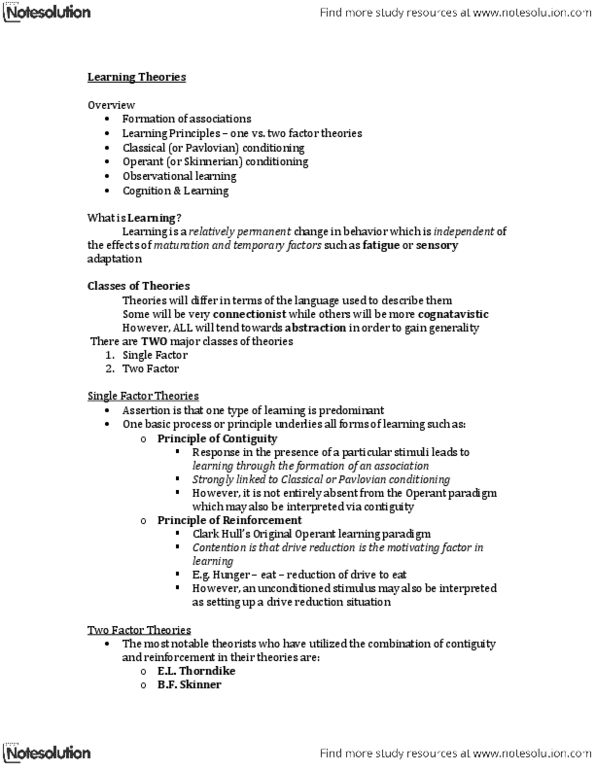 Psychology 1000 Lecture Notes - Behaviorism, Connectionism, Operant Conditioning thumbnail