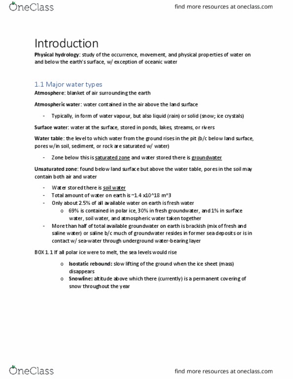 EESB04H3 Chapter Notes - Chapter 1: Water Cycle, Shortwave Radiation, Vadose Zone thumbnail