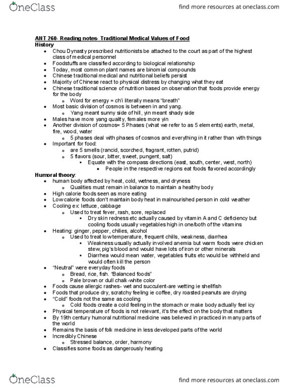 ANT 260 Chapter Traditional Medical Values of Food: ANT 260- Reading notes- Traditional Medical Values of Food thumbnail