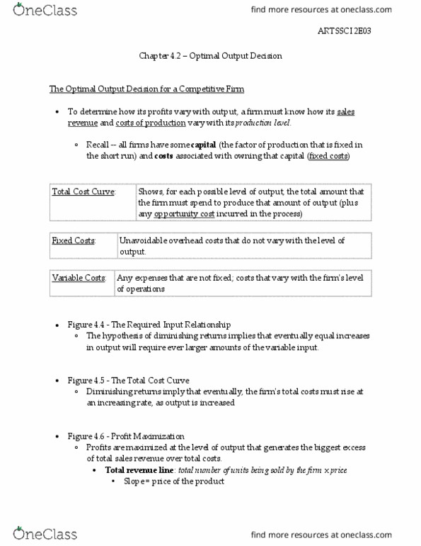 ARTSSCI 2E03 Chapter Notes - Chapter 4.2: Diminishing Returns, Fixed Cost, Opportunity Cost thumbnail