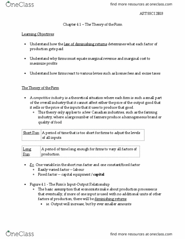 ARTSSCI 2E03 Chapter Notes - Chapter 4.1: Diminishing Returns, Marginal Revenue, Marginal Product thumbnail