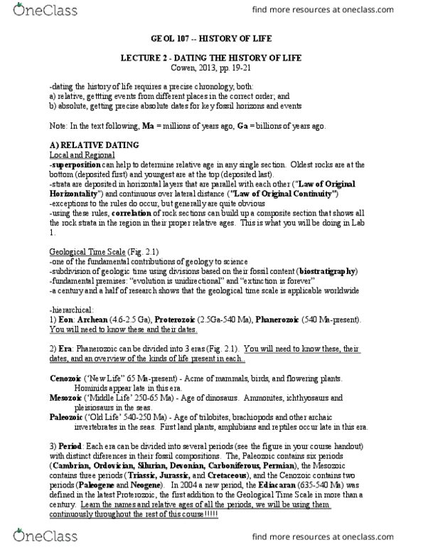 GEOL 107 Lecture Notes - Lecture 2: Geologic Time Scale, Phanerozoic, Mesozoic thumbnail