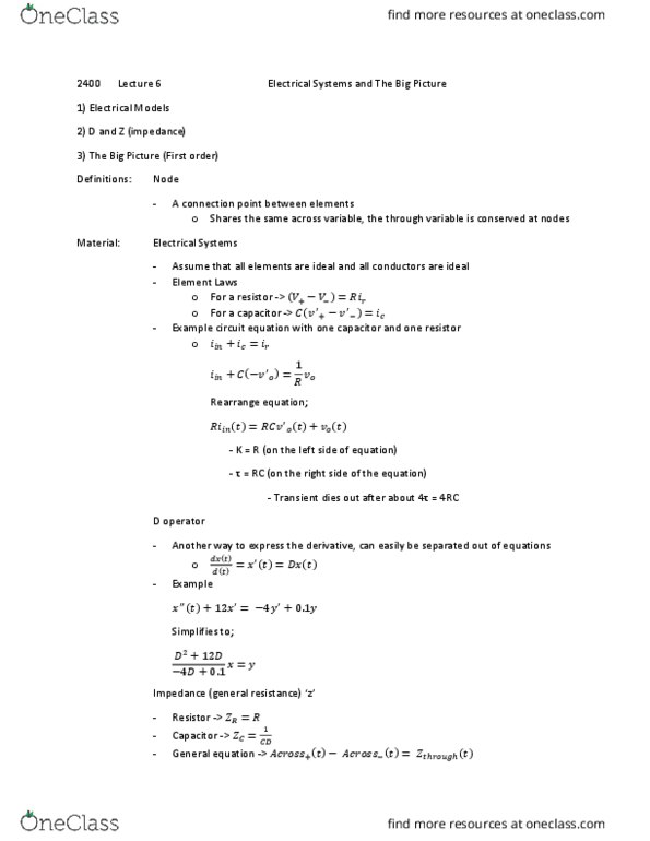 ENGG 2400 Lecture Notes - Lecture 6: Capacitor thumbnail