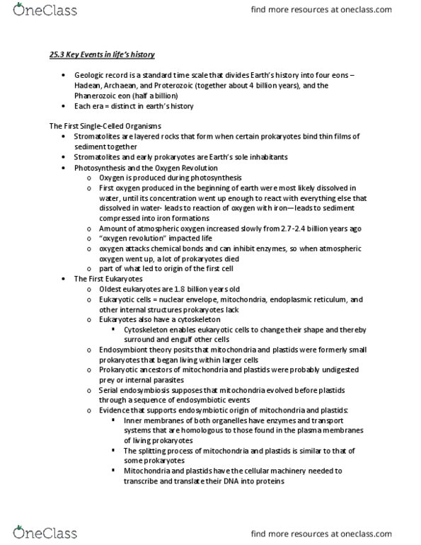 BIO 311D Chapter Notes - Chapter 25.3, 28.1, 28.4, 28.5: Ediacaran Biota, Cambrian Explosion, Endoplasmic Reticulum thumbnail