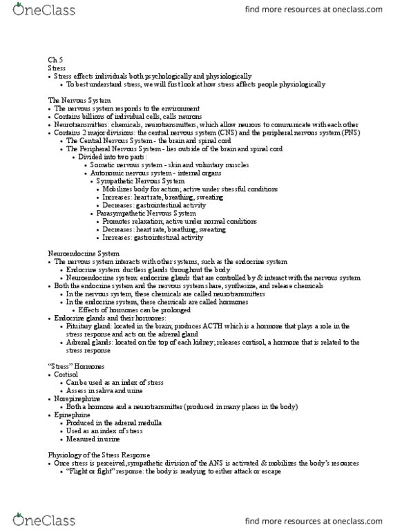 PSY 325 Lecture Notes - Lecture 5: Central Nervous System, Peripheral Nervous System, Adrenal Gland thumbnail