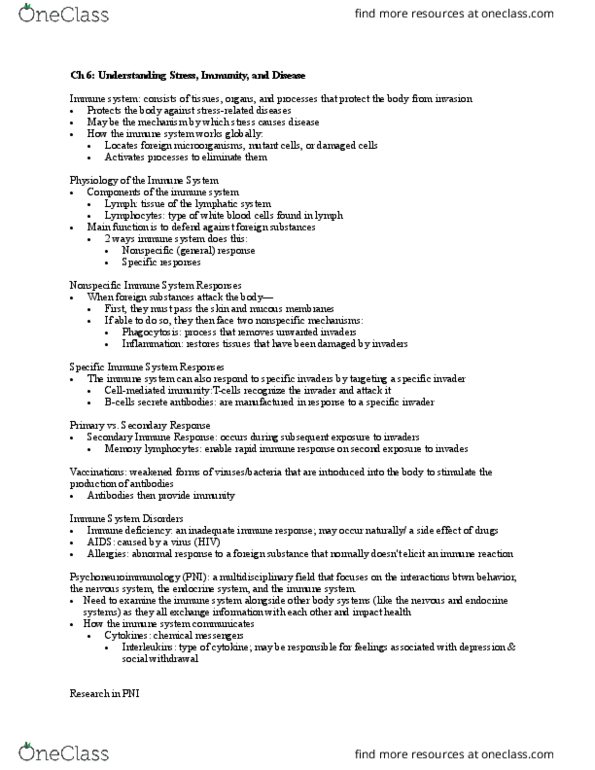 PSY 325 Lecture Notes - Lecture 6: Peripheral Nervous System, Endocrine System, Psychoneuroimmunology thumbnail