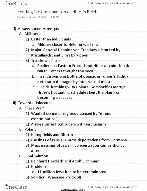 HISTORY 2500 Chapter Notes - Chapter 6: Henning Von Tresckow, Reinhard Heydrich, Adolf Eichmann thumbnail