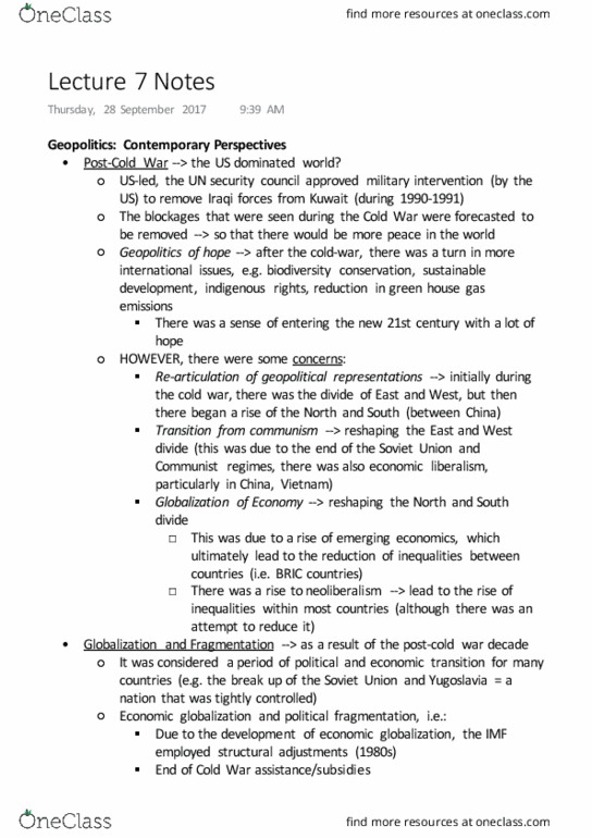 GEOG 329 Lecture Notes - Lecture 7: Francis Fukuyama, Geopolitics, Economic Globalization thumbnail