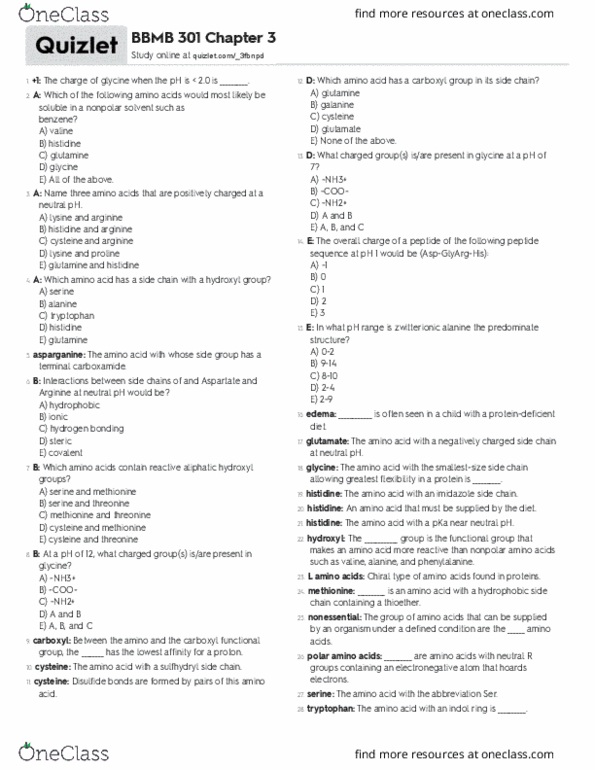 BBMB 301 Chapter Notes - Chapter 3: Solvent, Glutamine, Histidine thumbnail