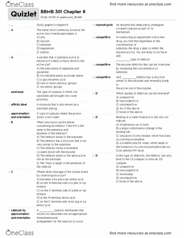 BBMB 301 Chapter Notes - Chapter 8: Uncompetitive Inhibitor, Enzyme Inhibitor, Nucleophile thumbnail