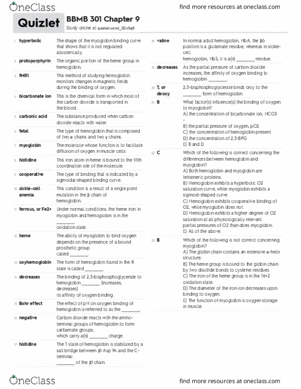 BBMB 301 Chapter Notes - Chapter 9: Fetal Hemoglobin, Myoglobin, Cooperative Binding thumbnail