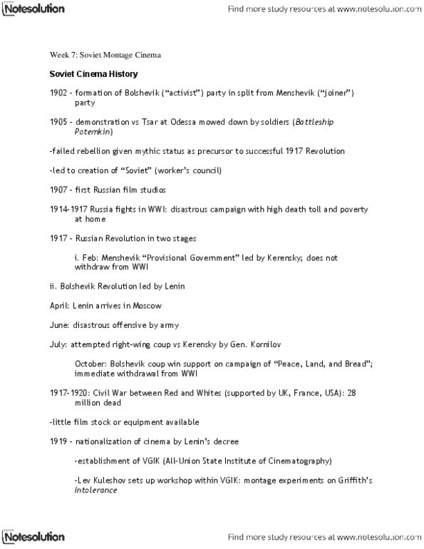 FILM 1701 Lecture Notes - Creative Geography, Soviet Montage Theory, Joiner thumbnail