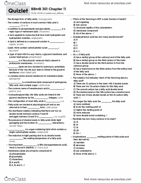 BBMB 301 Chapter Notes - Chapter 11: Sphingosine, Alkanolamine, Methyl Group thumbnail