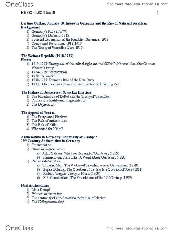 HIS338H5 Lecture Notes - Lecture 2: Heinrich Von Treitschke, Christianity And Antisemitism, Mein Kampf thumbnail