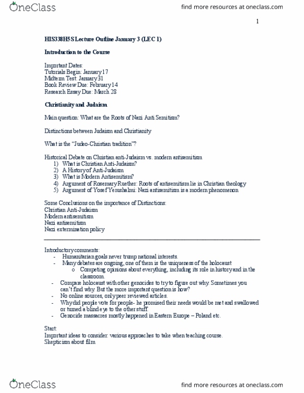 HIS338H5 Lecture Notes - Lecture 1: Christianity And Antisemitism, Rosemary Radford Ruether, Antisemitism thumbnail