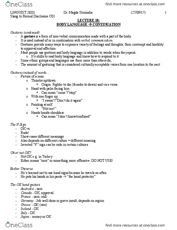 LINGUIST 2E03 Lecture Notes - Lecture 11: V Sign, Nonverbal Communication, Political Correctness thumbnail