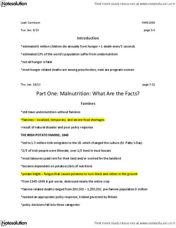 FARE 1300 Lecture Notes - Natural Disaster, Corn Laws, Phytophthora Infestans thumbnail