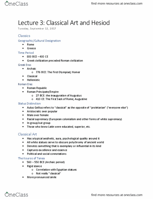 C C 303 Lecture Notes - Lecture 3: Aulus Gellius, Apollo Belvedere, Tenea thumbnail