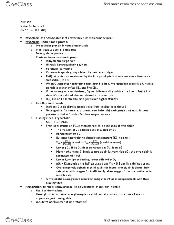 CHE 350 Lecture Notes - Lecture 5: Myoglobin, Cytoglobin, Neuroglobin thumbnail