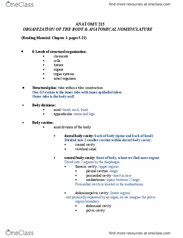 ANAT 215 Lecture Notes - Lecture 2: Pericardium, Abdominopelvic Cavity, Pleural Cavity thumbnail