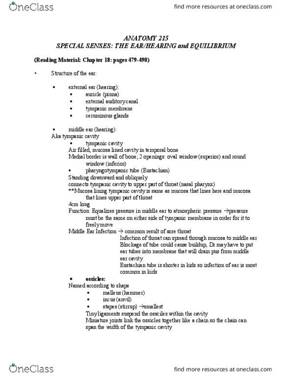 ANAT 215 Lecture Notes - Lecture 16: Bony Labyrinth, Tympanic Cavity, Semicircular Canals thumbnail