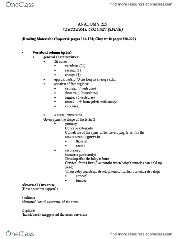 ANAT 215 Lecture Notes - Lecture 24: Lumbar Vertebrae, Cervical Vertebrae, Thoracic Vertebrae thumbnail