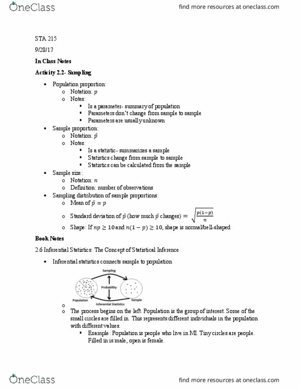 STA 215 Chapter Notes - Chapter 2.6 - 2.11: Confidence Interval, Statistical Parameter, Statistical Inference thumbnail