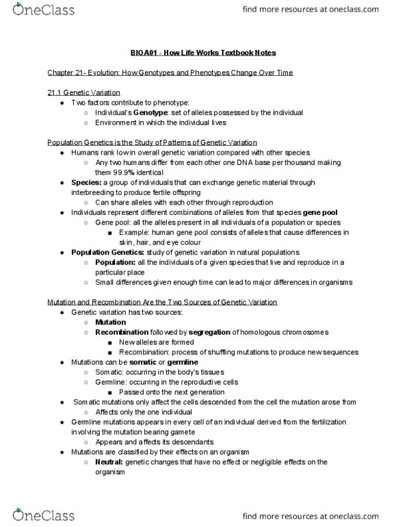 BIOA01H3 Chapter 21.1: How Life Works Textbook Notes Chapter 21.1 thumbnail