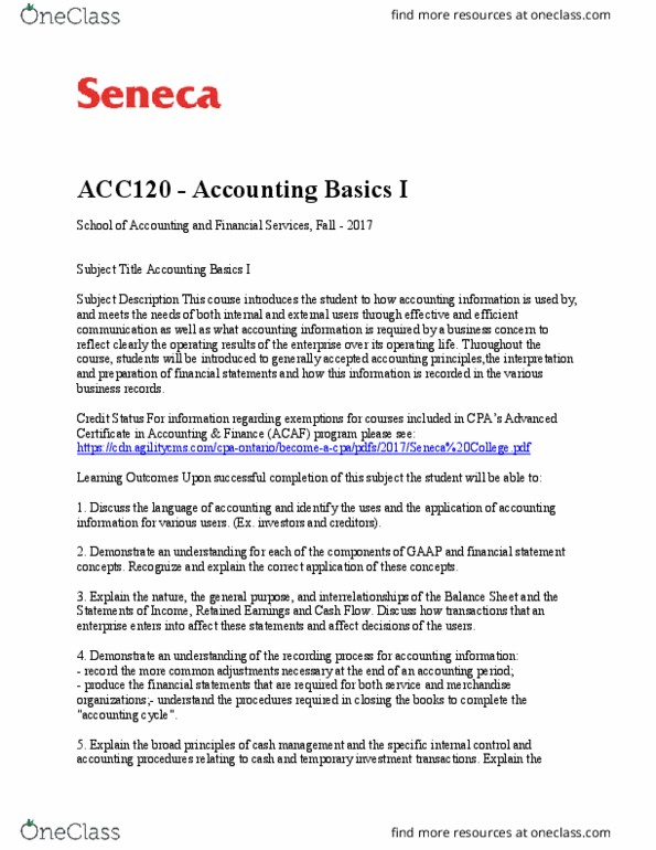 Business - Marketing ACC120 Lecture Notes - Lecture 1: Seneca College, Accounting Information System, Financial Statement thumbnail