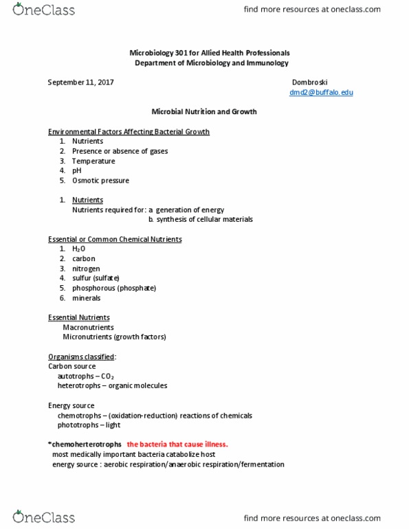 MIC 301 Lecture Notes - Lecture 5: Osmotic Pressure, Microbiology, Heterotroph thumbnail