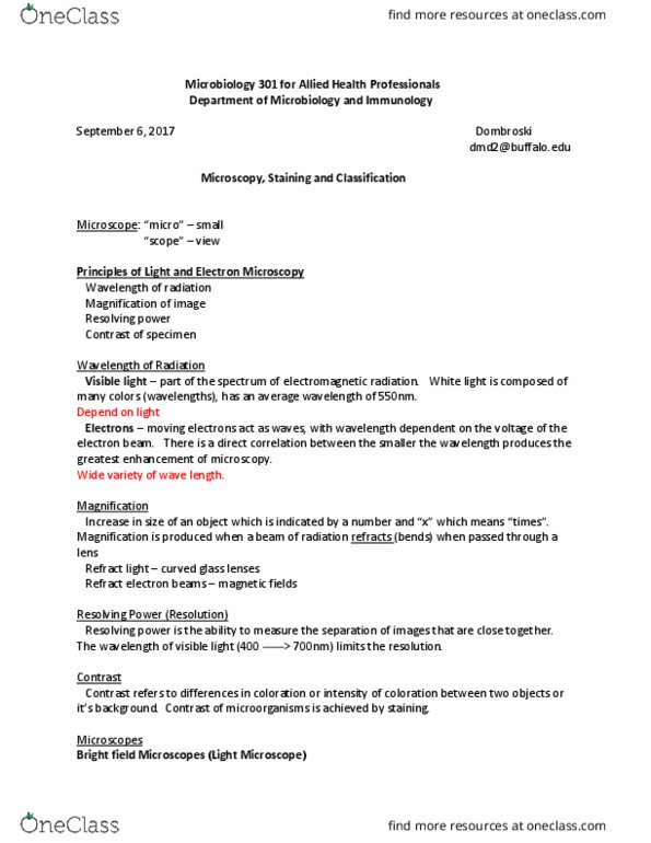 MIC 301 Lecture Notes - Lecture 4: Bright-Field Microscopy, Wavelength, Microbiology thumbnail