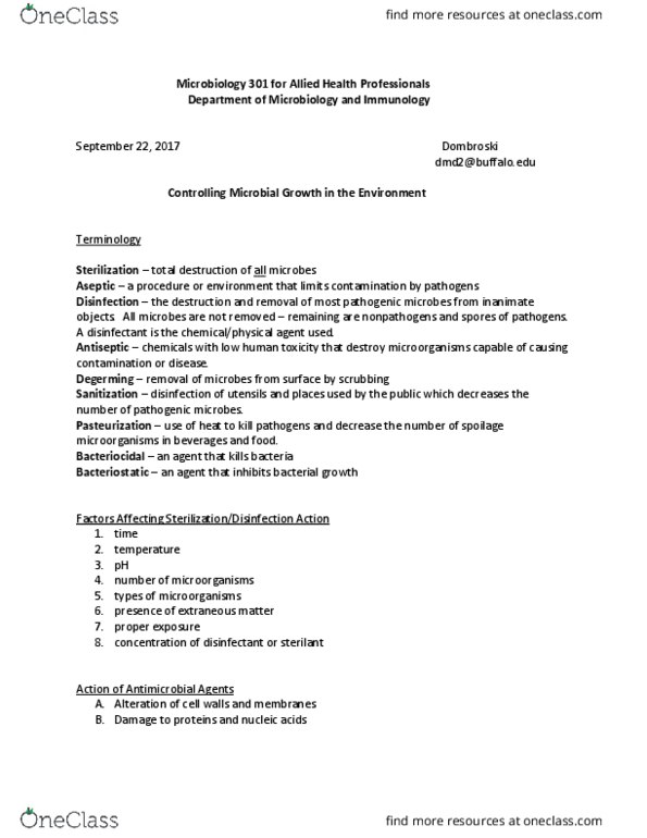 MIC 301 Lecture Notes - Lecture 8: Thermal Death Time, Mercury-Vapor Lamp, Germicidal Lamp thumbnail