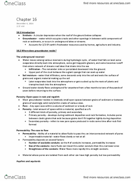 ENVIRSC 1G03 Lecture Notes - Lecture 1: Soil, Aquifer, Water Cycle thumbnail