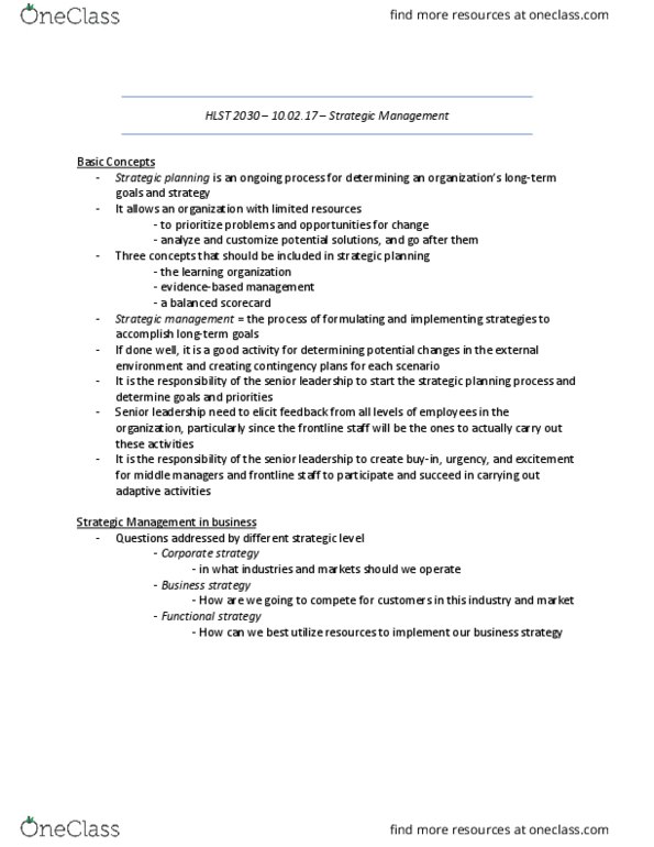 HLST 2030 Lecture Notes - Lecture 1: Patient Participation, Swot Analysis, Strategic Planning thumbnail