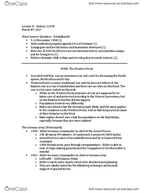 History 2147A/B Lecture Notes - Lecture 8: Germans, Hans Frank, Lebensraum thumbnail