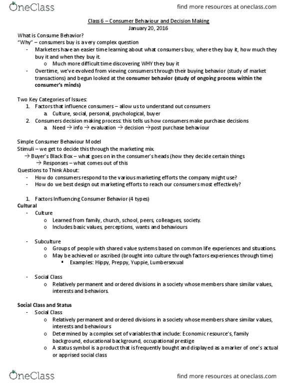 COMM 131 Lecture 6: Class 6 – Consumer Behaviour and Decision Making thumbnail