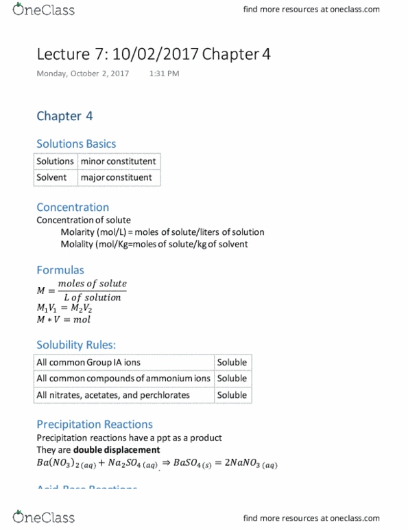 CHEM 211 Lecture Notes - Lecture 7: Molality, Molar Concentration, Salt Metathesis Reaction thumbnail