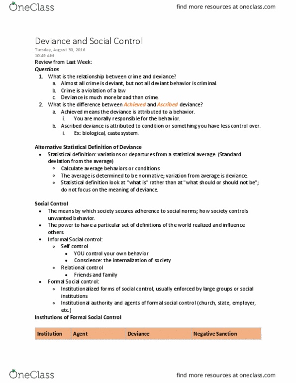 SOC 213 Lecture Notes - Lecture 2: Social Control, Standard Deviation, Self-Control thumbnail