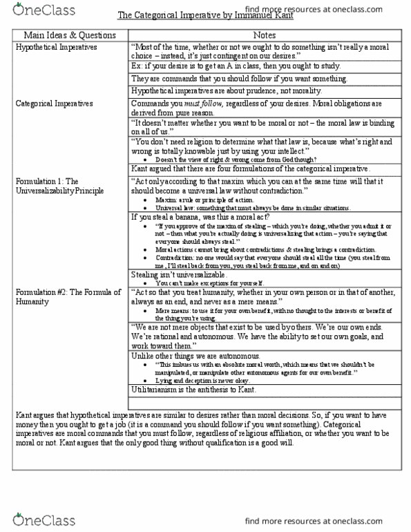 PHI 2010 Chapter Notes - Chapter 0: Immanuel Kant, Universalizability, Universal Law thumbnail