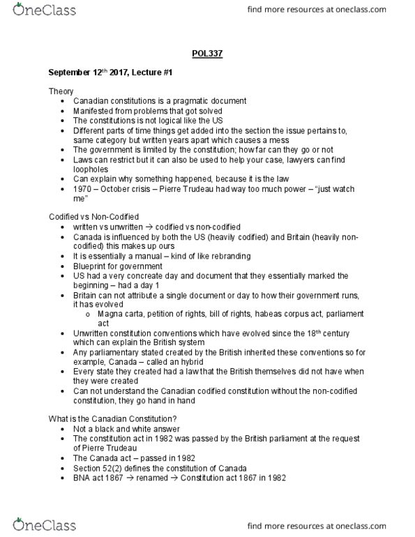POL337Y1 Lecture Notes - Lecture 1: Pierre Trudeau, Constitution, October Crisis thumbnail