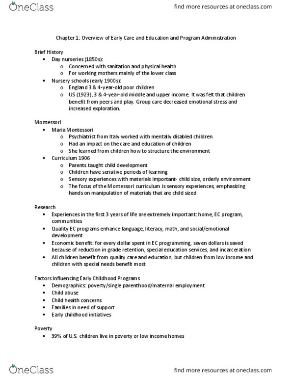 HD 422 Lecture Notes - Lecture 1: Maria Montessori, Child Care, Grade Retention thumbnail