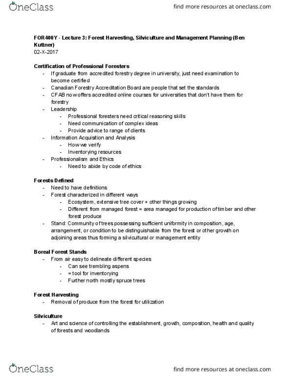 FOR400Y1 Lecture 3: FOR400Y - Lecture 3- Forest Harvesting, Silviculture and Management Planning (Ben Kuttner) thumbnail