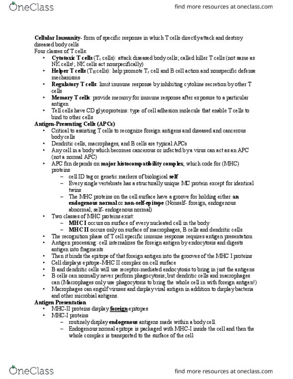 BIOL 1119 Lecture Notes - Lecture 5: Memory T Cell, Cytotoxic T Cell, T Helper Cell thumbnail